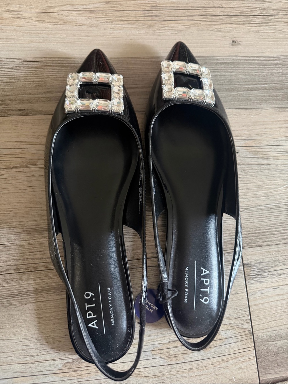 Apt. 9 Black Patent Pointed Slingback Flats with Rhinestone Buckle